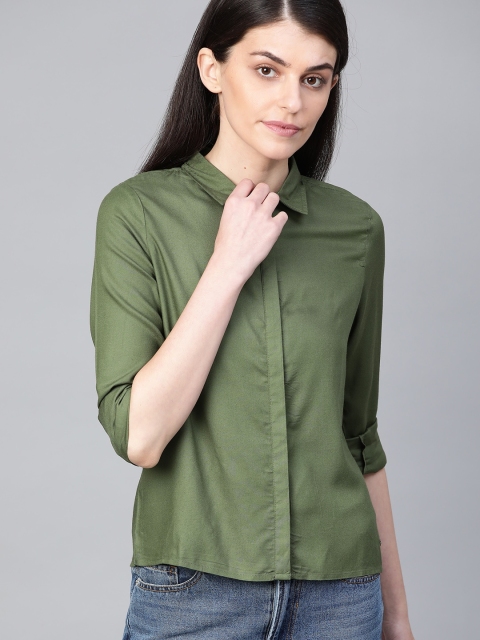 

The Roadster Lifestyle Co Women Olive Green Regular Fit Solid Sustainable Casual Shirt