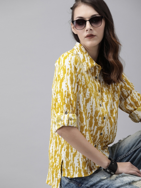 

The Roadster Lifestyle Co Women Mustard Yellow & White Regular Fit Printed High-Low Hem Casual Sustainable ECOVERO Shirt
