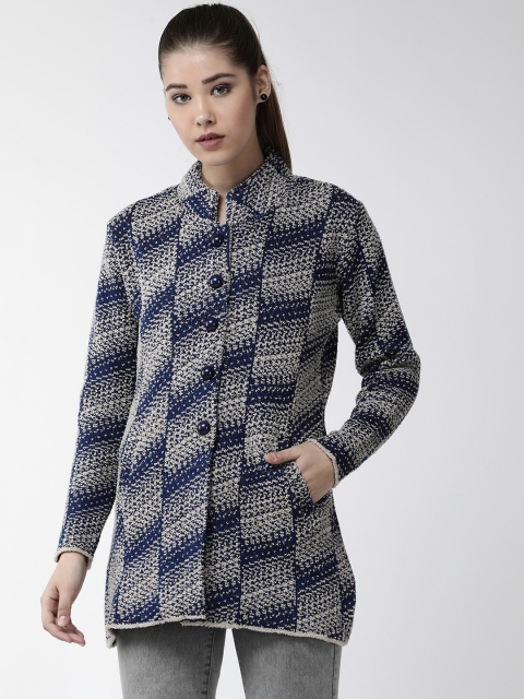 

Cayman Women Navy Blue & Beige Woollen Self Design Cardigan