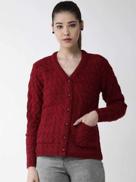 

Cayman Women Maroon Woollen Cable Knit Cardigan