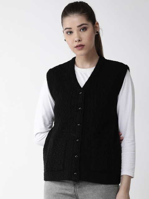 

Cayman Women Black Woollen Cable Knit Sleeveless Cardigan