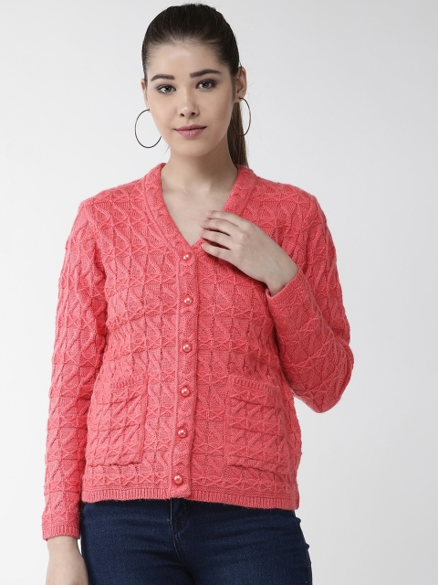 

Cayman Women Coral Pink Woollen Cable Knit Cardigan