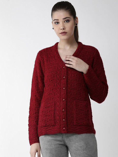 

Cayman Women Maroon Self Design Woollen Cardigan
