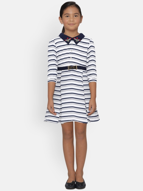 

Peppermint Girls Navy Blue & Off-white Striped Fit and Flare Dress