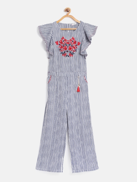 

Peppermint Girls Navy Blue & White Striped Basic Jumpsuit with Embroidered Detail