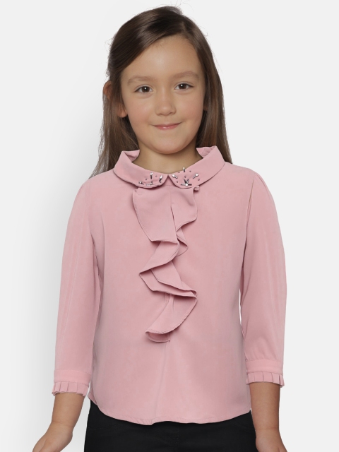 

Peppermint Girls Pink Solid Ruffle Neck Top