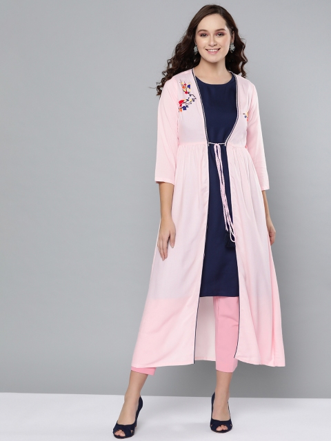 

HERE&NOW Women Pink & Navy Blue Solid Layered A-Line Kurta