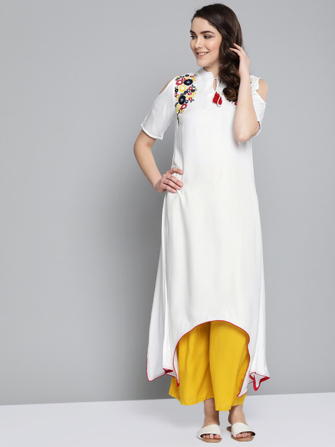 

HERE&NOW Women White Solid A-Line Asymmetric Kurta