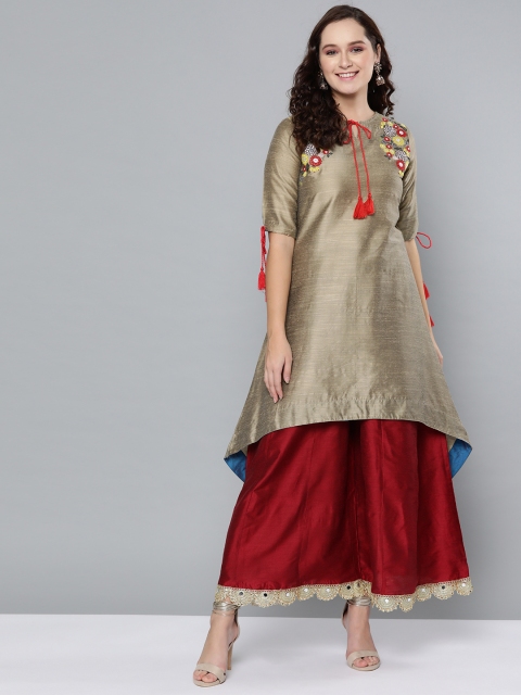 

HERE&NOW Women Beige Embroidered Detail A-Line Kurta
