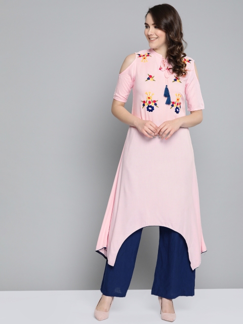 

HERE&NOW Women Pink & Yellow Embroidered Detail Cold-Shoulder A-Line Kurta