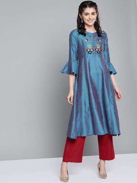 

HERE&NOW Women Blue Floral Yoke Design A-Line Kurta