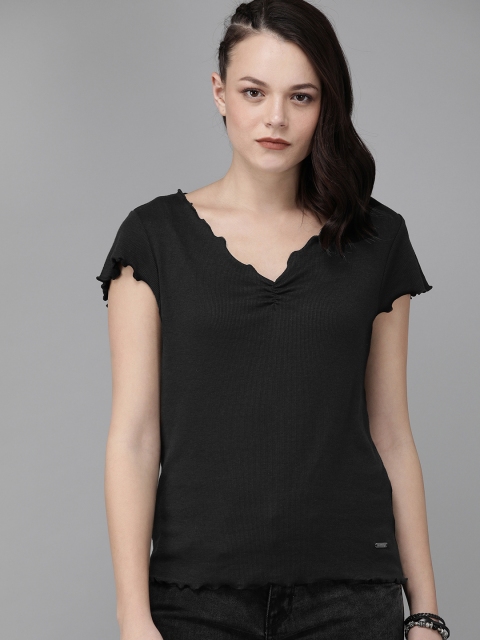 

The Roadster Lifestyle Co Women Black Solid Regular Top