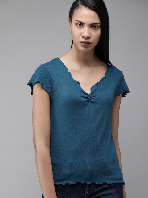 

The Roadster Lifestyle Co Women Teal Blue Self Striped Top