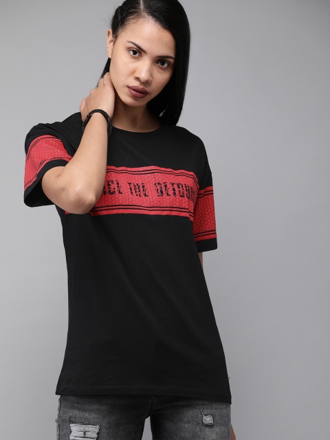 

Roadster Women Black Red Striped Round Neck Pure Cotton T-shirt