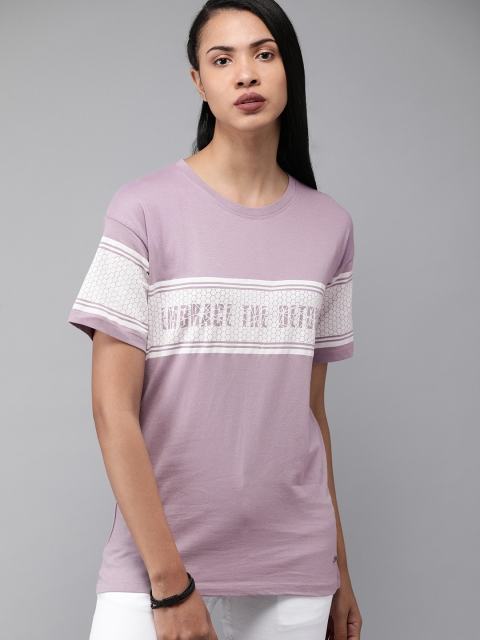 

Roadster Women Lavender & White Striped Round Neck T-shirt