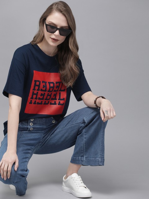 

Roadster Women Navy Blue Red Printed Round Neck Pure Cotton T-shirt