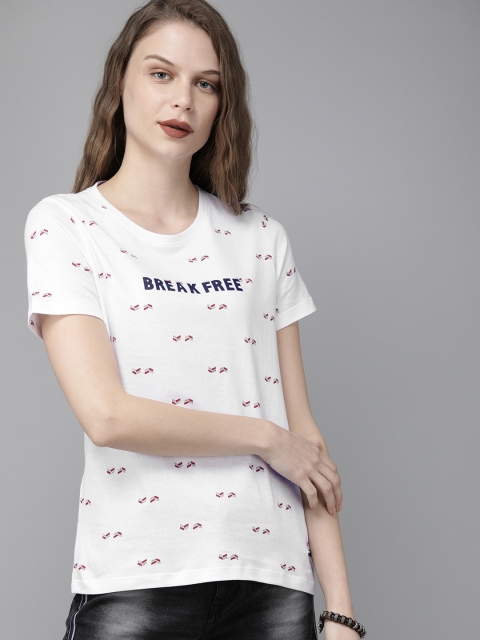 

Roadster Women White & Navy Blue Printed Round Neck T-shirt