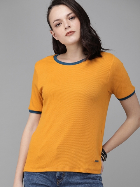 

Roadster Women Mustard Yellow Ribbed Round Neck T-shirt