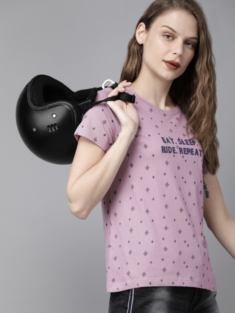 

Roadster Women Mauve Printed Round Neck Pure Cotton T-shirt