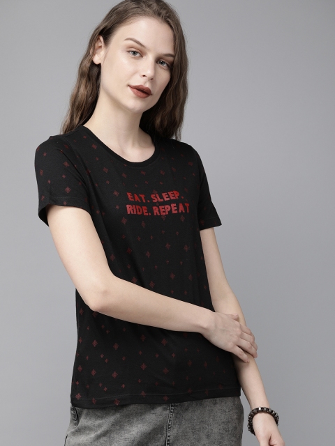 

Roadster Women Black Printed Round Neck T-shirt