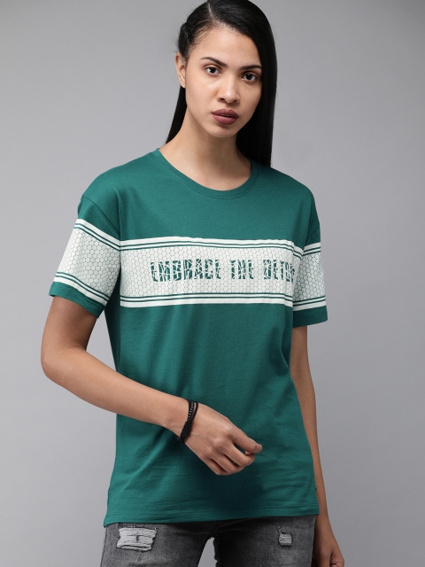 

Roadster Women Teal Green & White Striped Round Neck T-shirt