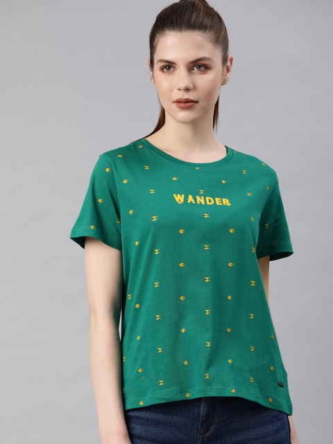 

Roadster Women Green & Yellow Printed Round Neck T-shirt