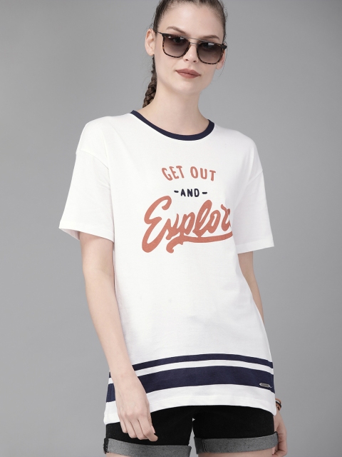 

The Roadster Lifestyle Co Women White Printed Round Neck Pure Cotton T-shirt