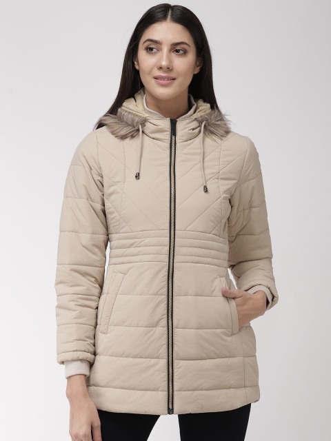 

Fort Collins Women Cream-Coloured Solid Parka Jacket with Detachable Hood