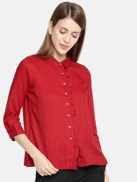 

AND Women Red Self Design Shirt Style Top With Ruffle Detail