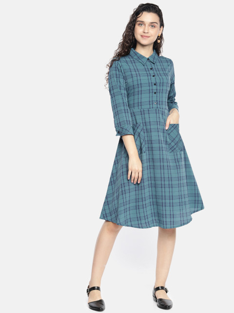 

AND Women Teal Green & Navy Blue Checked A-Line Dress