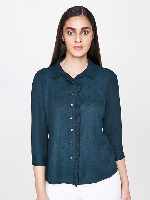 

AND Women Teal Blue Regular Fit Self Design Casual Shirt