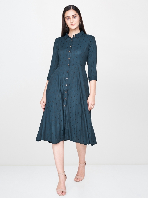 

AND Women Teal Blue & Black Printed Shirt Dress