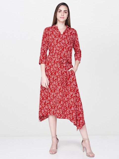 

AND Women Red Floral Print A-Line Dress