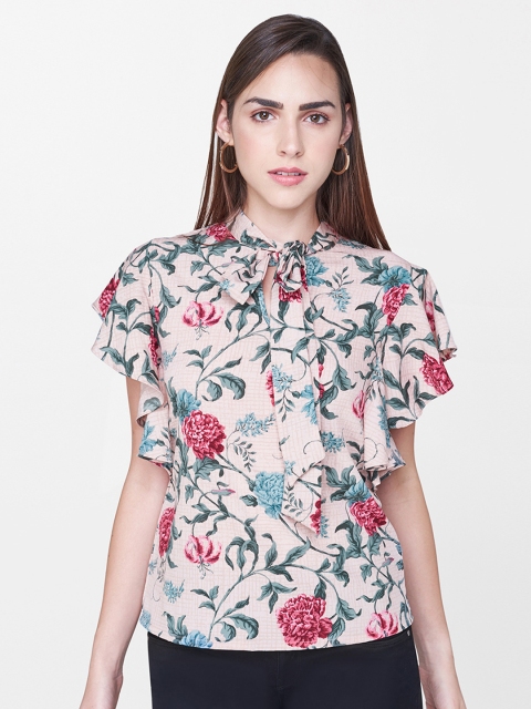 

AND Women Peach-Coloured Printed Regular Top