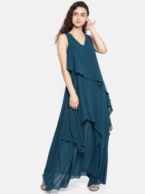 

AND Women Teal Blue Checked A-Line Layered Dress