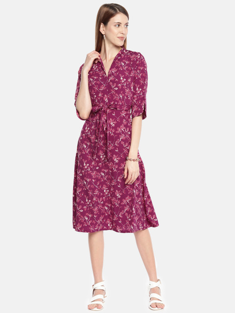 

AND Women Magenta Pink Printed Fit and Flare Dress
