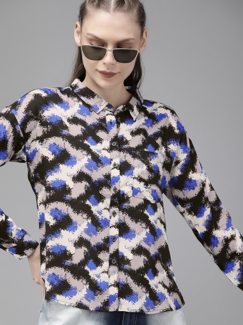 

Roadster Women Blue & Black Regular Fit Printed Casual Shirt