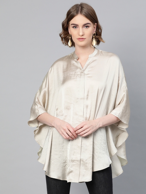 

Femella Women Off-White Satin Finish Oversized Solid Casual Shirt