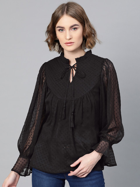 

Femella Women Black Self Design Sheer Top