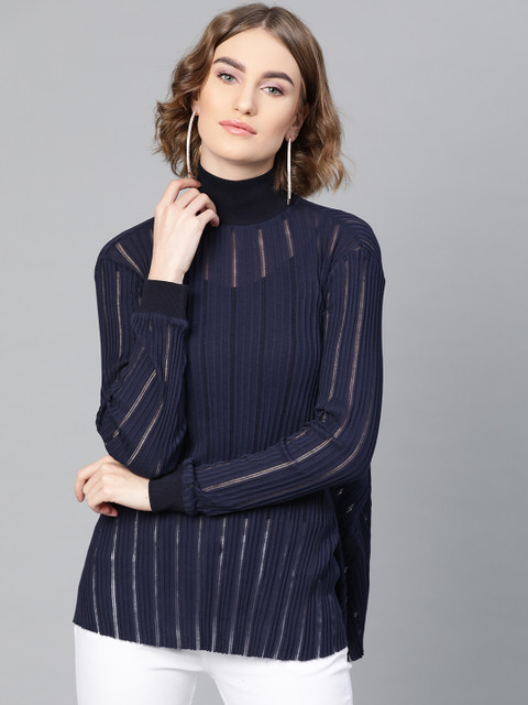 

Femella Women Navy Blue Ribbed Semi-Sheer Top