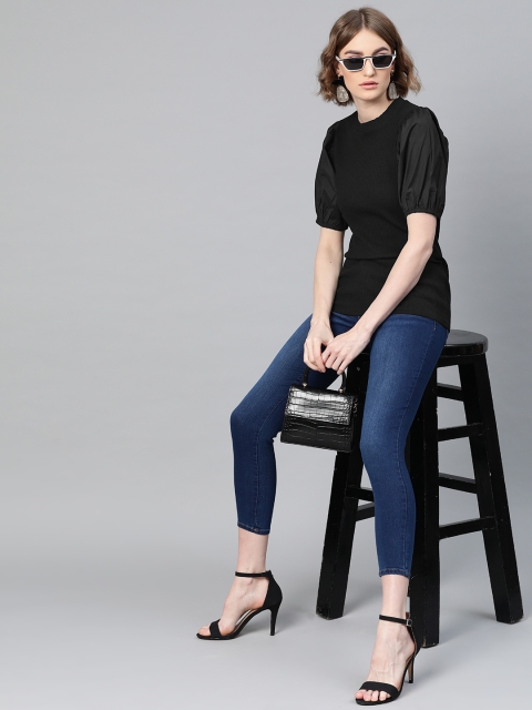 

Femella Women Black Self Striped Top