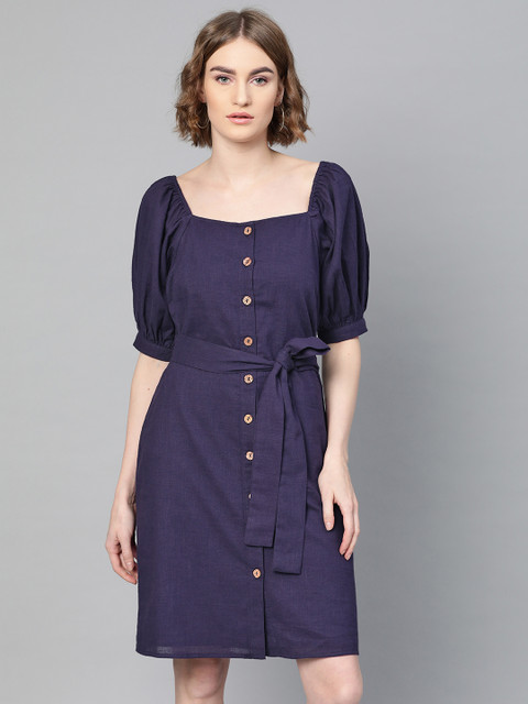 

Femella Women Navy Blue Solid A-Line Dress