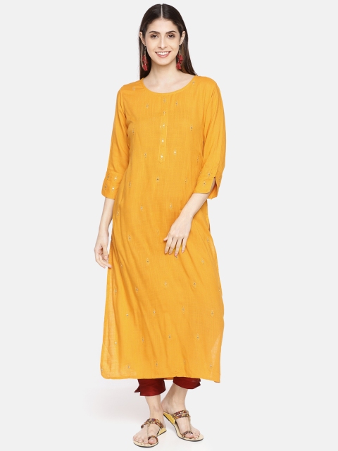

Neerus Women Mustard Yellow Embroidered Straight Kurta