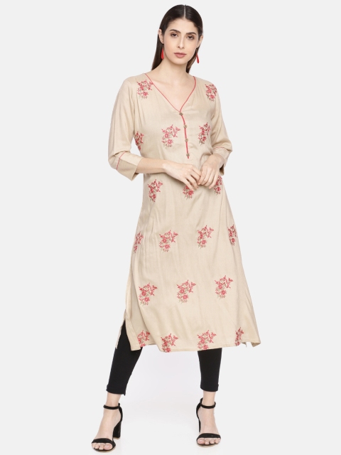 

Neerus Women Beige Embroidered A-Line Kurta