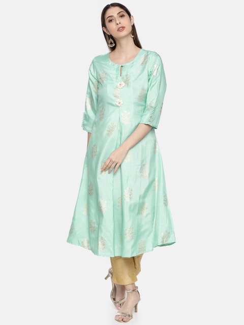 

Neerus Women Sea Green Woven Design A-Line Kurta