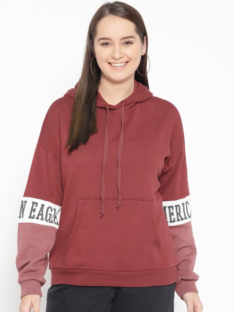 

AMERICAN EAGLE OUTFITTERS Women Maroon Solid Hooded Sweatshirt