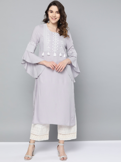 

HERE&NOW Women Lavender & White Yoke Design Straight Kurta