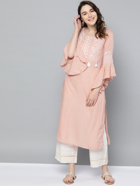

HERE&NOW Women Peach-Coloured & White Floral Yoke Design Straight Kurta