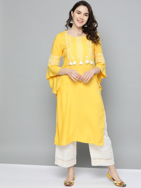 

HERE&NOW Women Yellow & White Yoke Design Straight Kurta