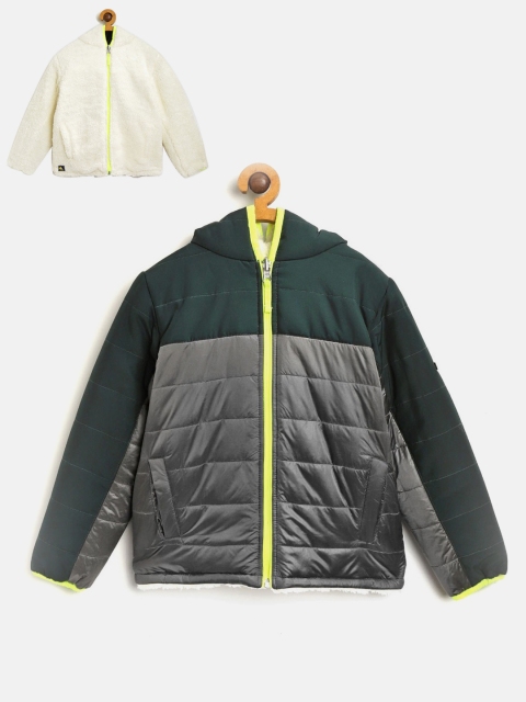

Cherry Crumble Kids Charcoal Grey & Black Colourblocked Reversible Hooded Padded Jacket